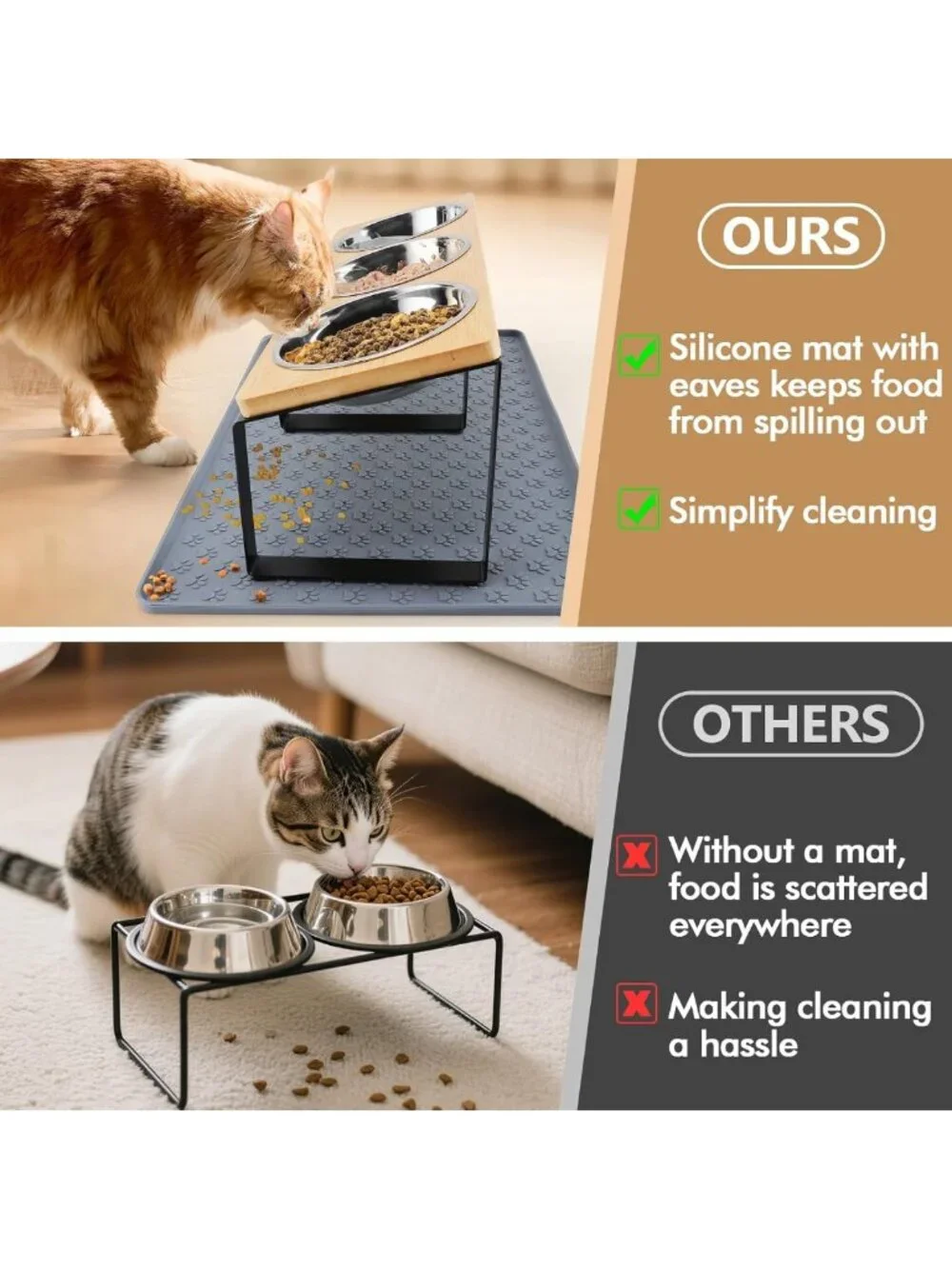 Elevated 15° Cat Bowls with Silicone Mat & 3 Stainless Steel Dishes